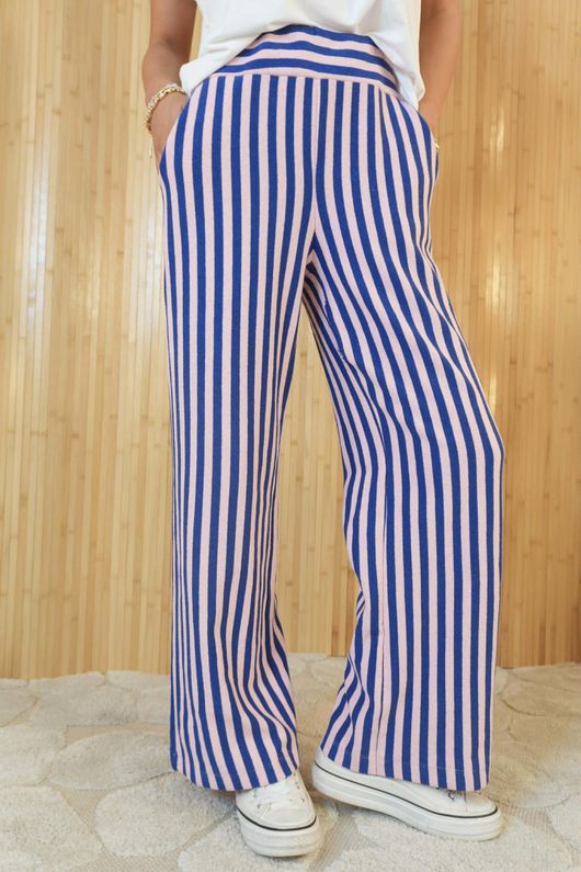 Shoreditch Stripe Lounge Flare Trouser Navy & Sweetpea /14=